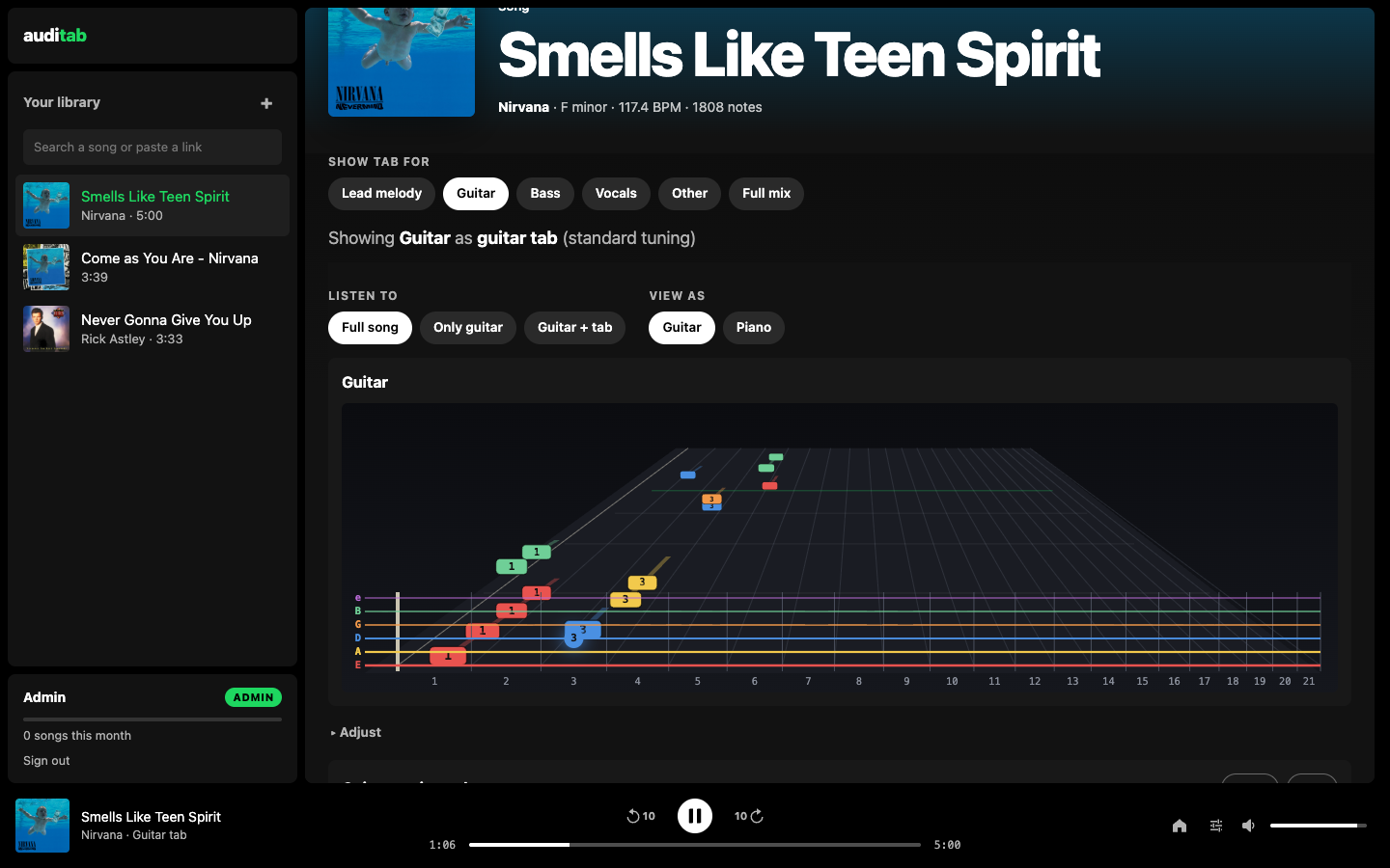 auditab showing a song's guitar part on a 3D fretboard with its tab underneath